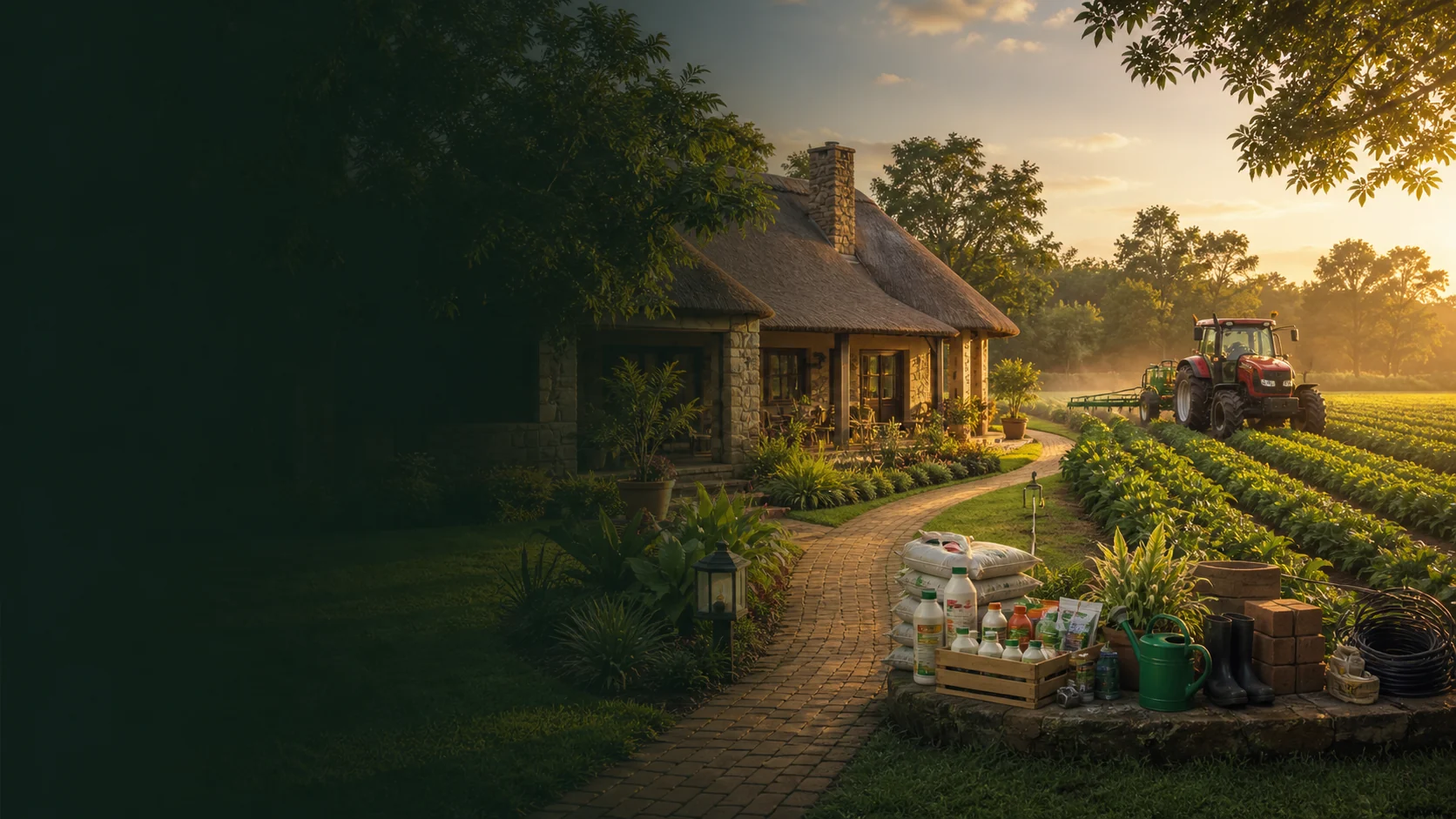 Matiza Leasing homepage hero with cottage, tractor and agricultural supplies