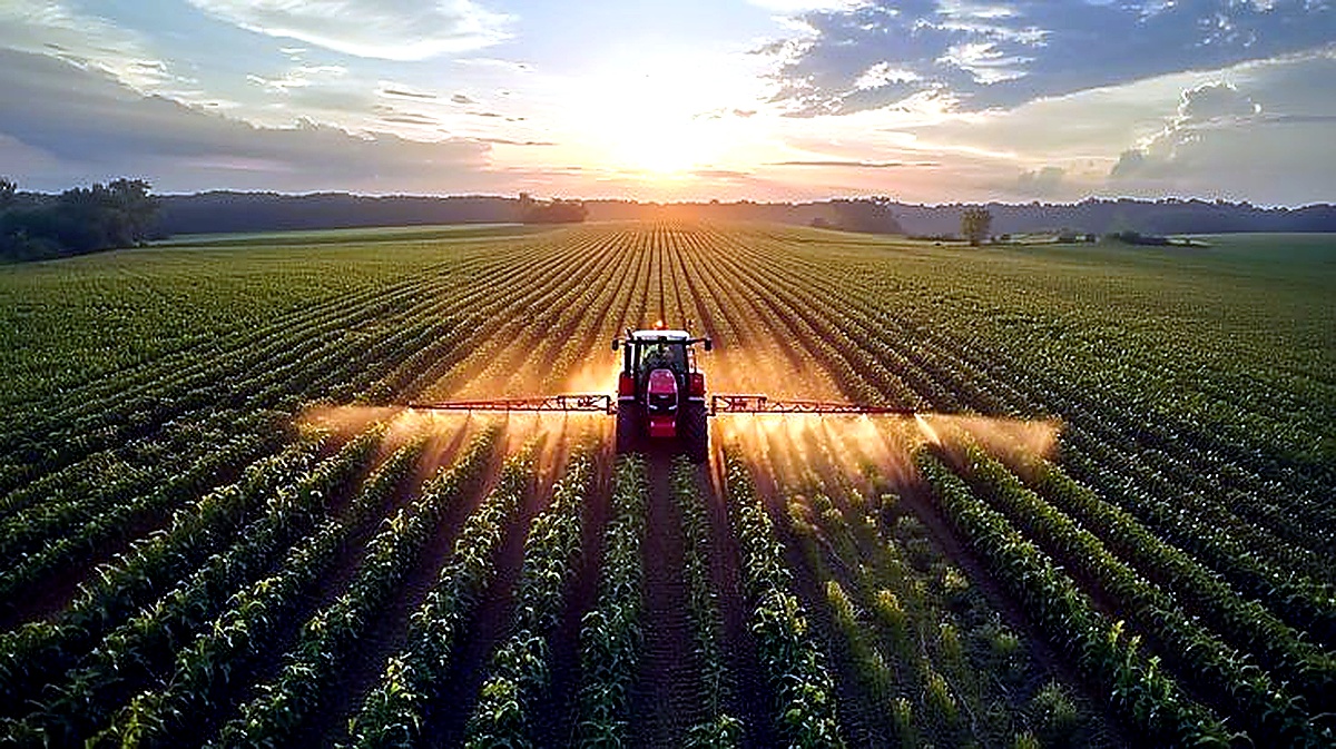 Tractor working across crop rows at sunset